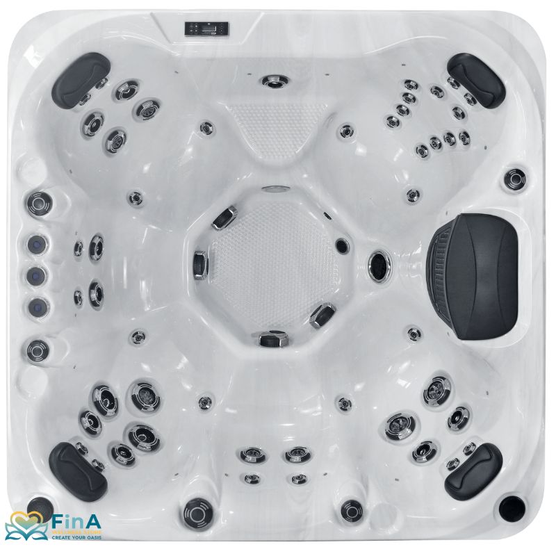Produktname: Platinum Spas Seville Outdoor Whirlpool – Deluxe, für bis zu 7 Personen. Obere Draufsicht zeigt elegantes Design mit mehreren Massagedüsen, Kopfstützen und zentralem Einstieg