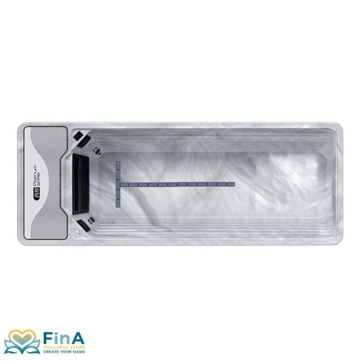 Top‑View des Mini Pools Hades Pro von Platinum Spas in Sterling Silver mit Turbine und markierter Schwimmstrecke – offizielle Produktdarstellung