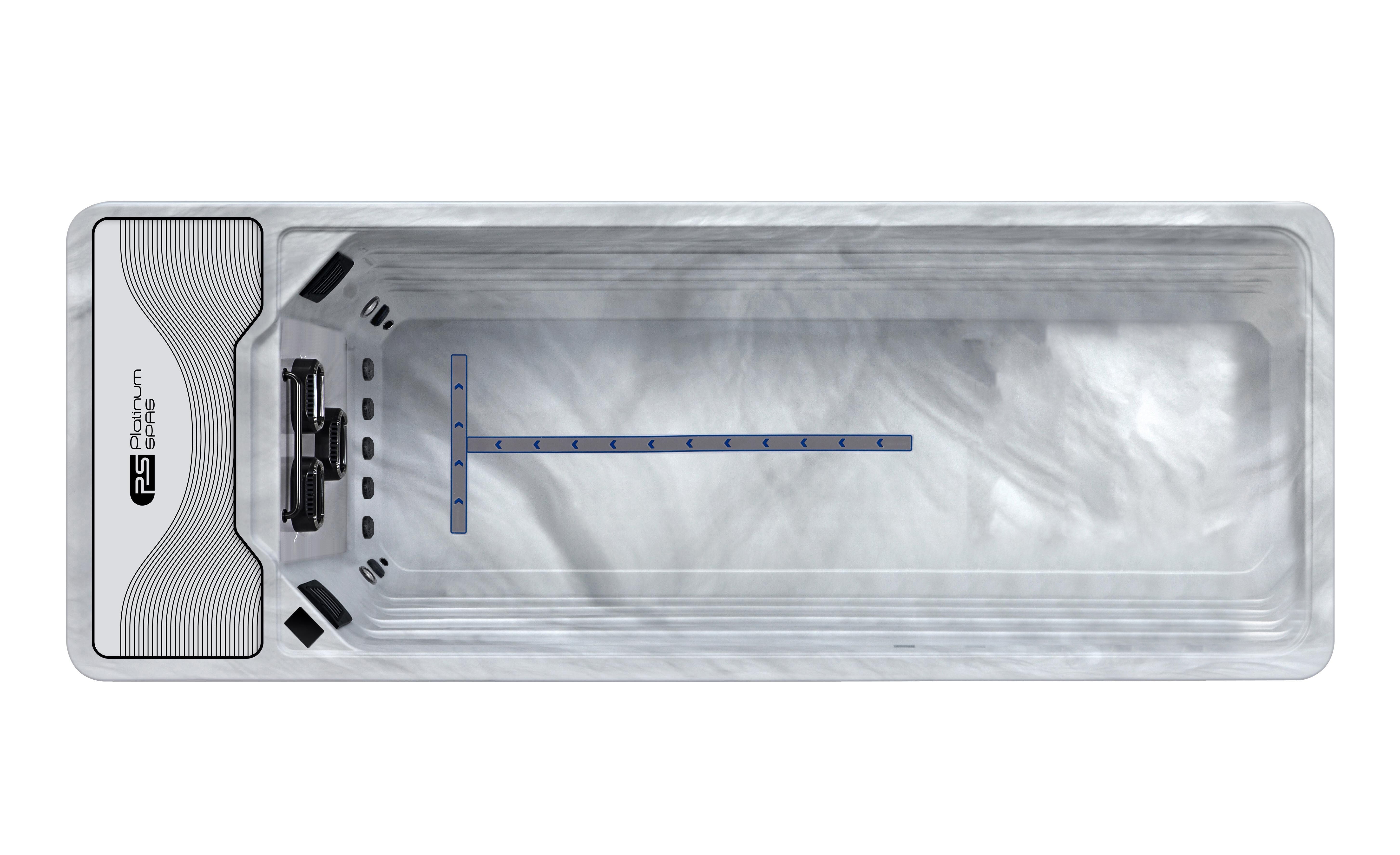 Draufsicht auf den Platinum Spas Mini Pool Hades in Sterling Silver – modernes, rechteckiges Design mit markanter Schwimmlinien-Markierung und River-Jet-System.