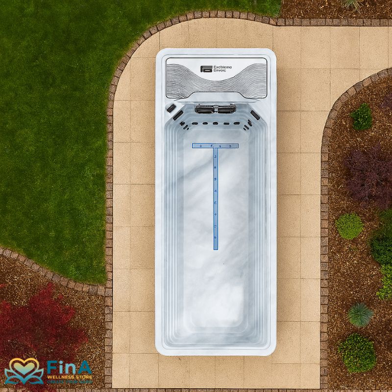 Vogelperspektive auf den Platinum Spas Mini Pool Hades in Sterling Silver – elegant eingebettet in eine hochwertig gestaltete Gartenlandschaft mit Natursteinplatten, Rasenflächen und Zierbepflanzung
