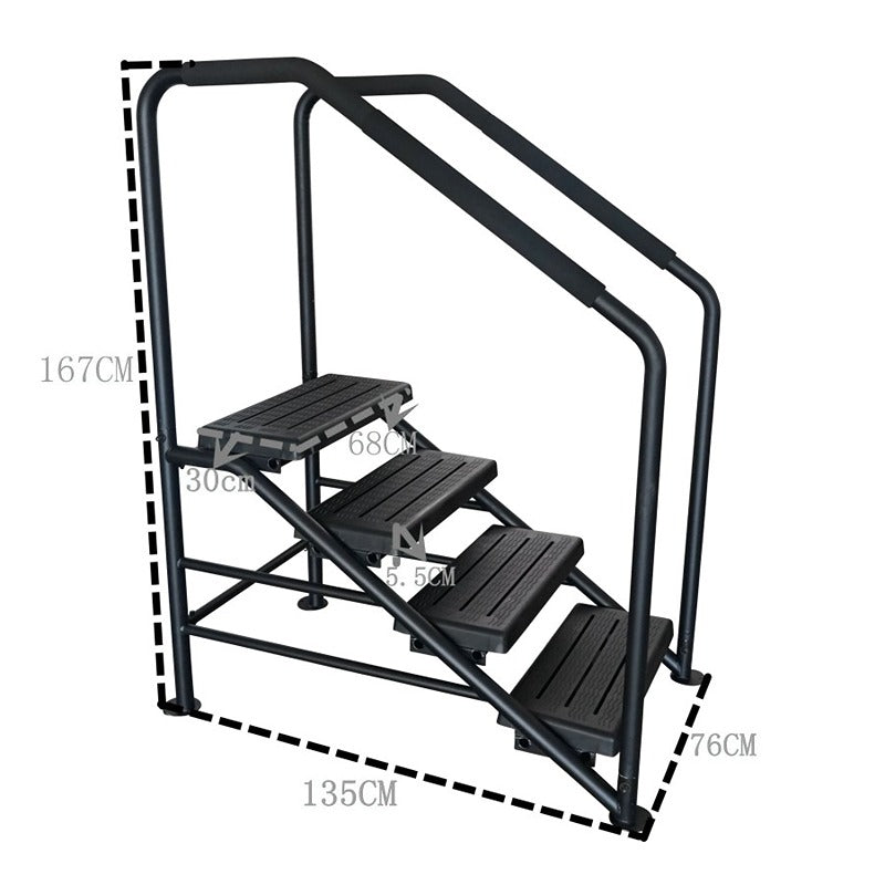 Maßzeichnung Platinum Spas 4-stufige Swim Spa Einstiegstreppe mit doppeltem Handlauf, schwarze Ausführung, Abmessungen 135x76x167 cm