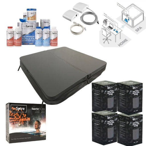 FINA Wellness 2-Jahres-Geschenkset mit grauer Whirlpool-Abdeckung, Pflegeprodukten, Filterkartuschen und Zubehör für Spa und Heim