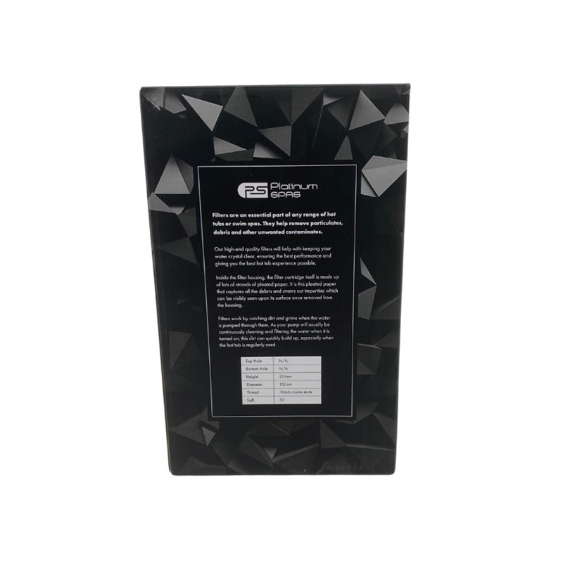 Platinum Spas SS01 Filter Produktverpackung mit geometrischem schwarzem Design, technische Spezifikationen und Produktinformationen auf der Rückseite sichtbar