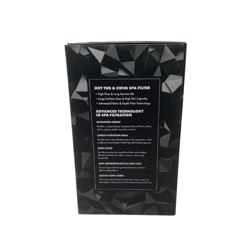 Packaging des Platinum Spas SS01 Filters mit geometrischem schwarzem Design und Produktinformationen zu hohem Durchfluss und fortschrittlicher Filtrationstechnologie für Whirlpools und Swim Spas.