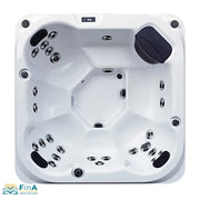 Platinum Spas St Tropez Deluxe Whirlpool – Draufsicht mit 6 ergonomischen Sitzplätzen, 25 Massagedüsen, LED und Bedienfeld, präsentiert von FinA Wellness Store.