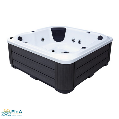 Platinum Spas St Tropez Deluxe Whirlpool in anthrazitfarbener Verkleidung mit weißer Acrylwanne, seitliche Ansicht, 6-Personen-Whirlpool mit Massagedüsen – Darstellung von FinA Wellness Store.