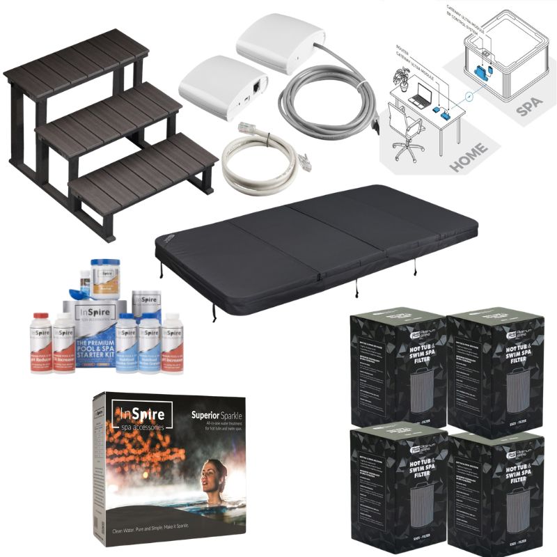 FinA Wellness Whirlpool Zubehör-Set mit Abdeckung, Einstiegstreppe, Filterkartuschen, Wasserpflegeprodukten und Steuermodulen