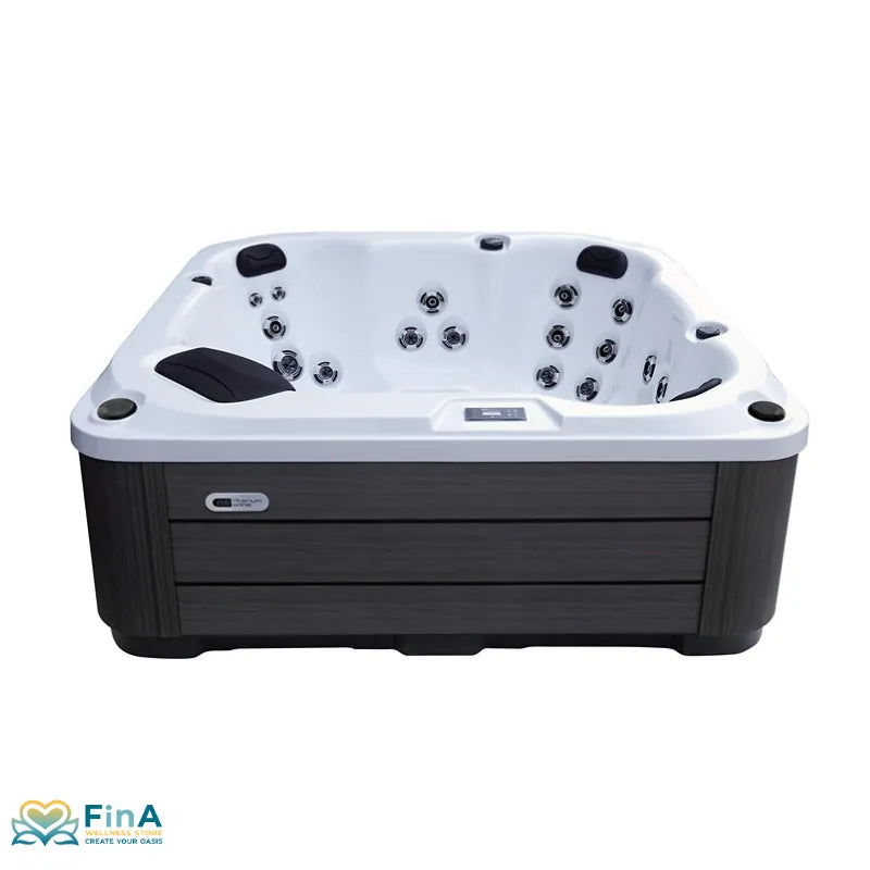Platinum Spas St Tropez Outdoor Whirlpool mit weißem Rand, schwarzem Außengehäuse und zahlreichen Massagedüsen für 6 Personen