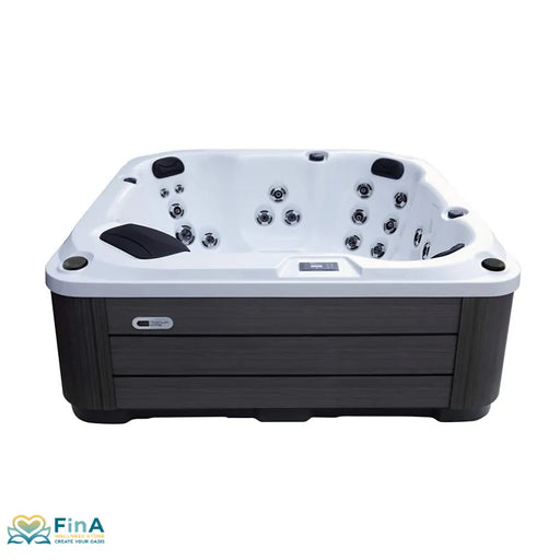Platinum Spas St Tropez Outdoor Whirlpool mit weißem Rand, schwarzem Außengehäuse und zahlreichen Massagedüsen für 6 Personen
