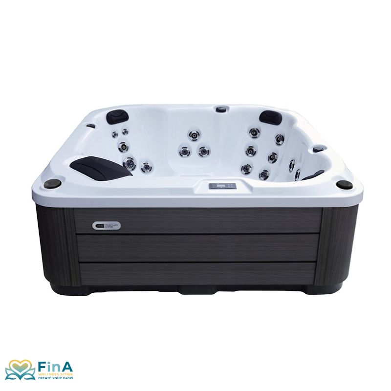Platinum Spas St Tropez Deluxe Whirlpool mit Frontansicht – 6 Sitzplätze, integriertes Bedienfeld, 25 Massagedüsen, anthrazitfarbene Verkleidung, präsentiert von FinA Wellness Store.