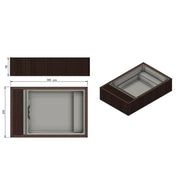 Technische Zeichnung des Portcril Mirage Mini Pools mit den Maßen 300 x 200 x 70 cm – Draufsicht, Seitenansicht und 3D-Ansicht in dunkler Holzoptik mit grauer Wanne.