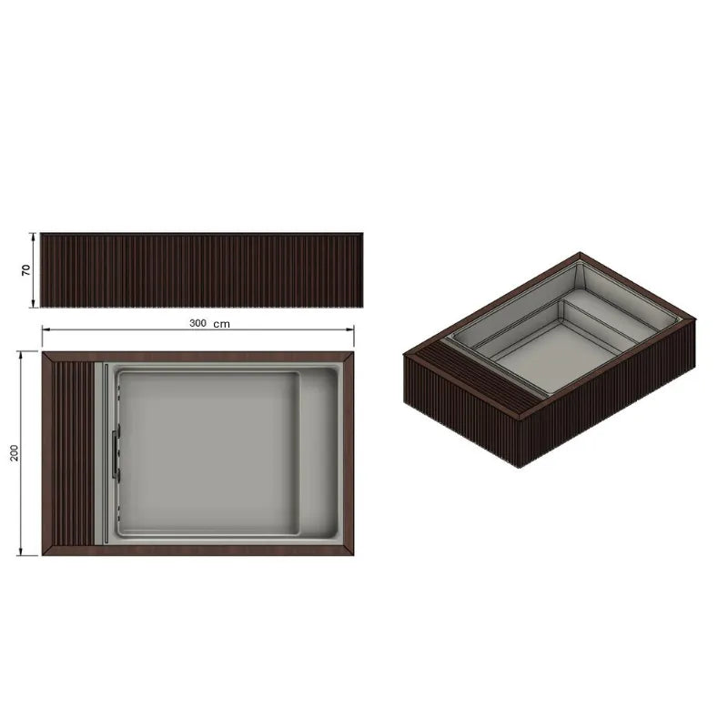 Technische Zeichnung des Portcril Mirage Mini Pools mit den Maßen 300 x 200 x 70 cm – Draufsicht, Seitenansicht und 3D-Ansicht in dunkler Holzoptik mit grauer Wanne.