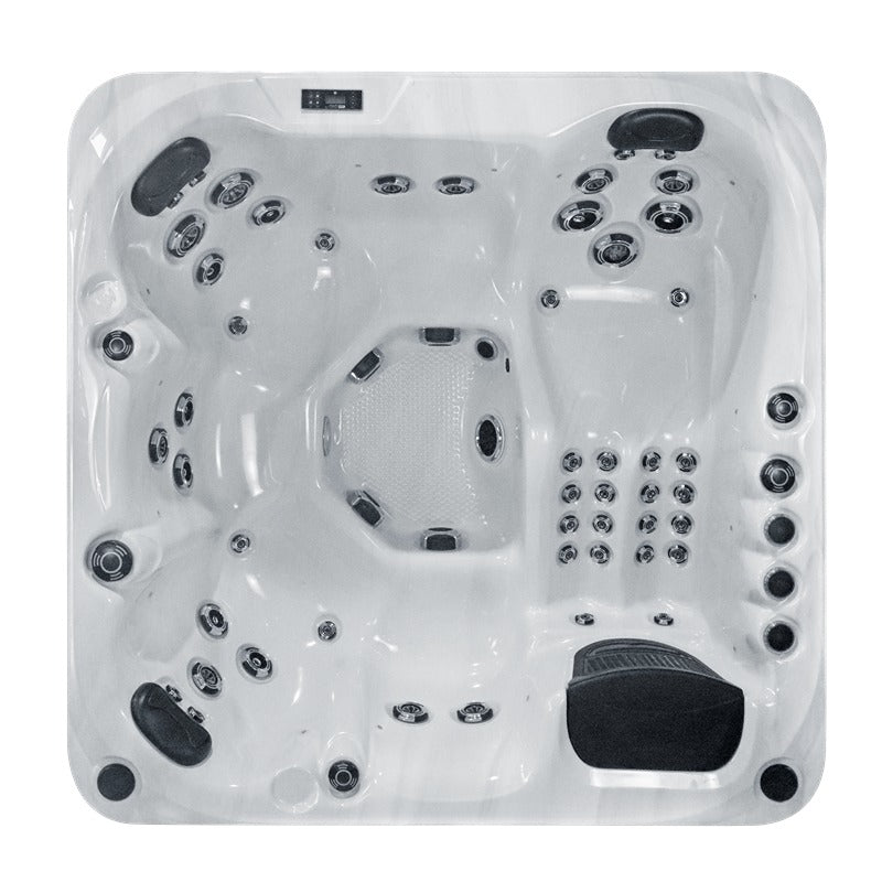 Draufsicht auf Platinum Spas Refresh Outdoor Whirlpool mit weißem Acrylbecken, zahlreichen Massagedüsen, zwei ergonomischen Kopfstützen und zentraler Sitzinsel für 6 Personen