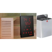 Saunasteuerung Harvia mit digitaler Temperaturanzeige, Saunaofen und Holzverkleidung einer EAGO Hemlock Sauna