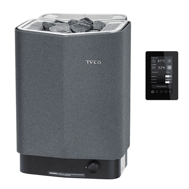 Tylö Sense Combi Saunaofen in Grau mit Saunasteinen und digitaler Elite Steuerung zur Temperatur- und Feuchtigkeitsregelung.