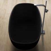 EAGO AWT StoneArt BS-552 Freistehende Mineralguss Badewanne in Schwarz von oben, auf Holzboden, mit Armatur und Handgriff seitlich montiert