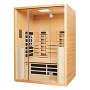 VITALhome Sunlight Serie Infrarotkabine mit Glastüren, Holzverkleidung und mehreren Infrarotstrahlerelementen an der Rückwand