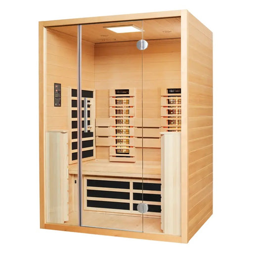 VITALhome Sunlight Serie Infrarotkabine mit Glastüren, Holzverkleidung und mehreren Infrarotstrahlerelementen an der Rückwand