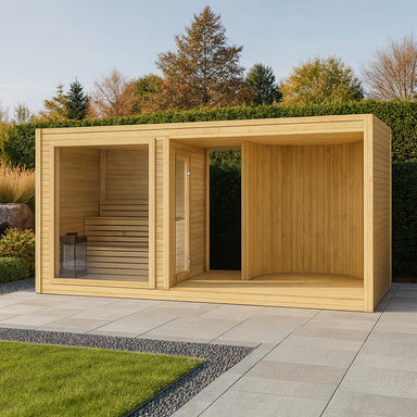 Moderne Gartensauna aus hellem Holz in stilvoller Gartenumgebung mit Natursteinplatten, Ziergräsern und gepflegtem Rasen – elegantes Outdoor-Wellnesskonzept für Zuhause.