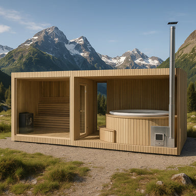Moderne Gartensauna mit integriertem Whirlpool aus hellem Holz, aufgestellt in alpiner Berglandschaft mit Panoramablick auf schneebedeckte Gipfel und umgeben von Natur.