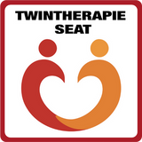 Piktogramm Twintherapie Seat mit zwei stilisierten Figuren in Rot und Orange, die ein Herz bilden