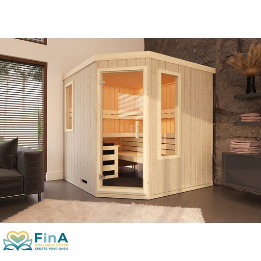 Kompakte Ecksauna Leyla in lichtdurchflutetem Wohnraum – skandinavischer Wohnstil trifft auf modernes Wellnesskonzept