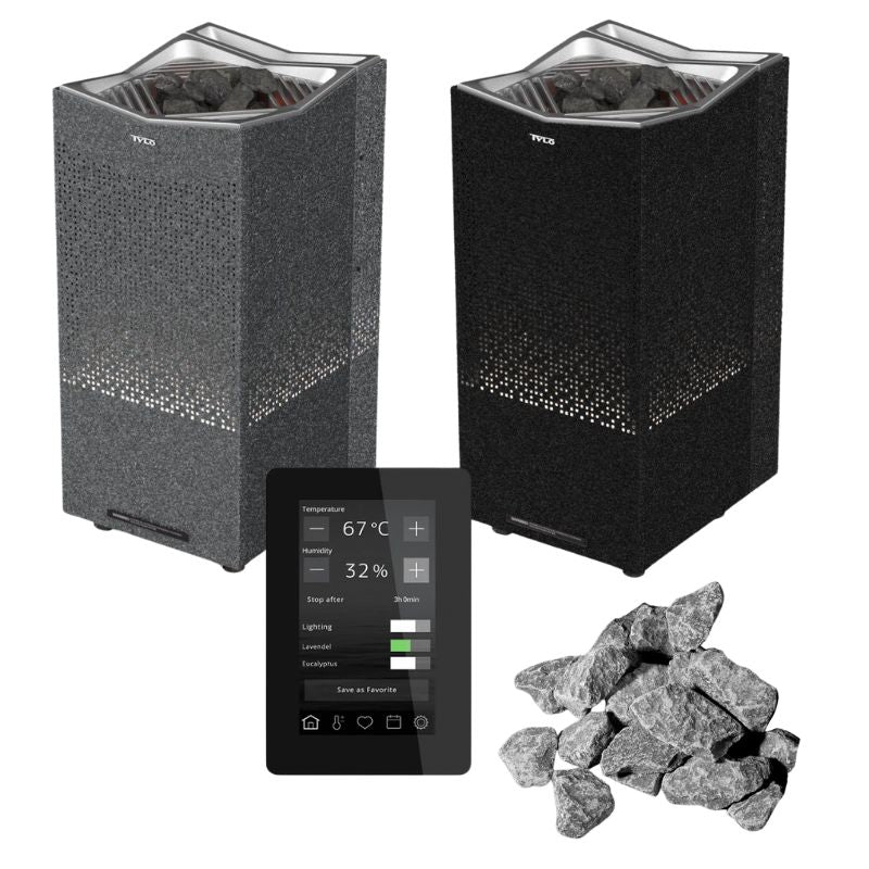 Tylö Crown Combi Saunaofen in Grau und Schwarz mit perforierter Oberfläche, Elite Steuerung und Saunasteinen