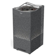 Tylö Crown Combi Saunaofen mit grauem Specksteinmantel, perforierten Lüftungsöffnungen und geöffnetem Deckel mit Saunasteinen.