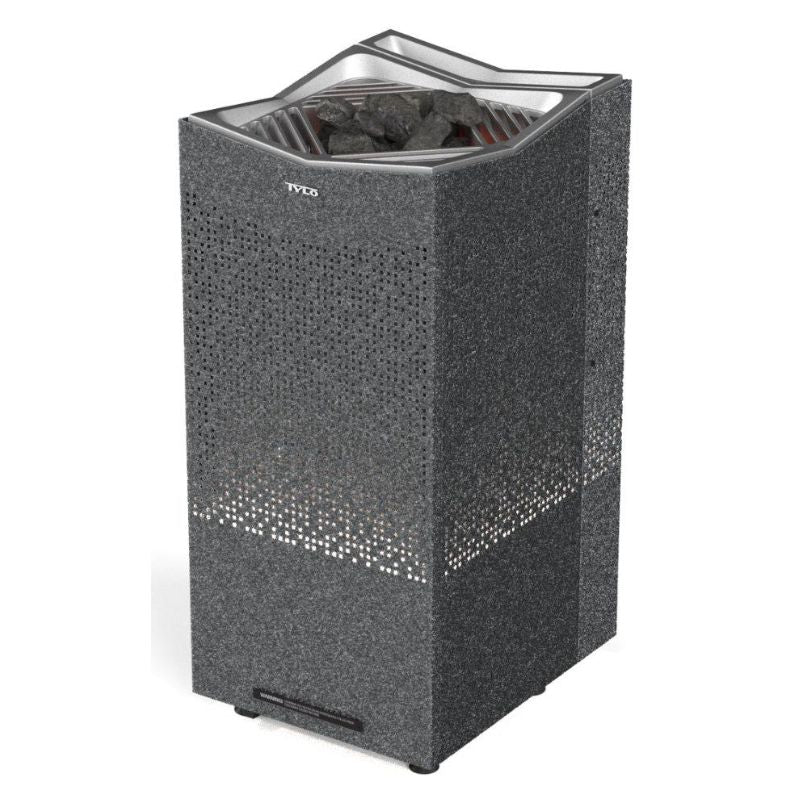 Tylö Crown Combi Saunaofen mit grauem Specksteinmantel, perforierten Lüftungsöffnungen und geöffnetem Deckel mit Saunasteinen.