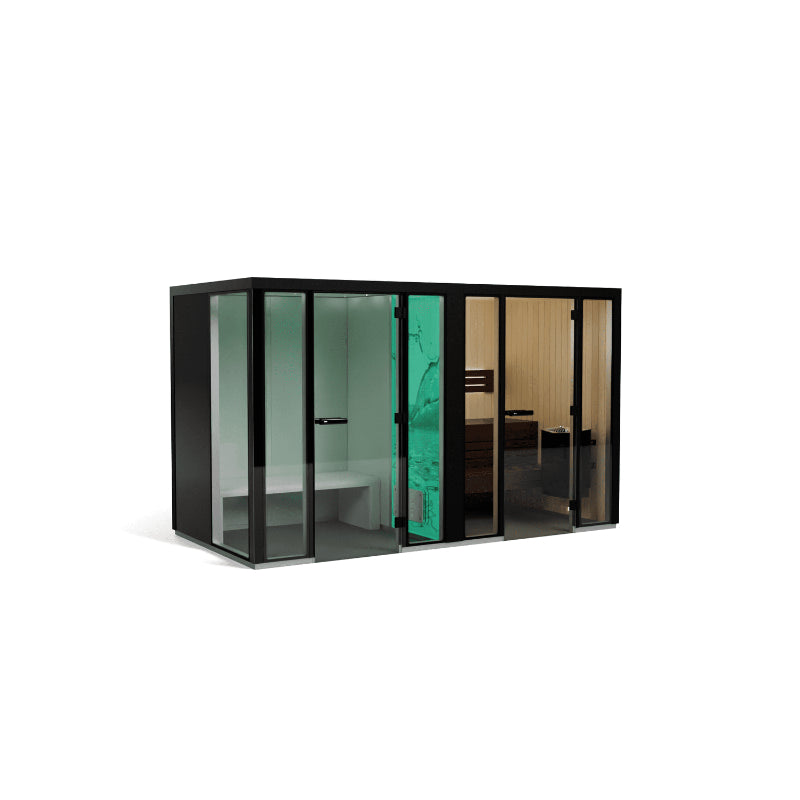 Tylö Panacea Twin Kombination mit schwarzem Rahmen, integriertem Dampfbad mit grünem Glaselement und angrenzender Sauna mit Holzausstattung