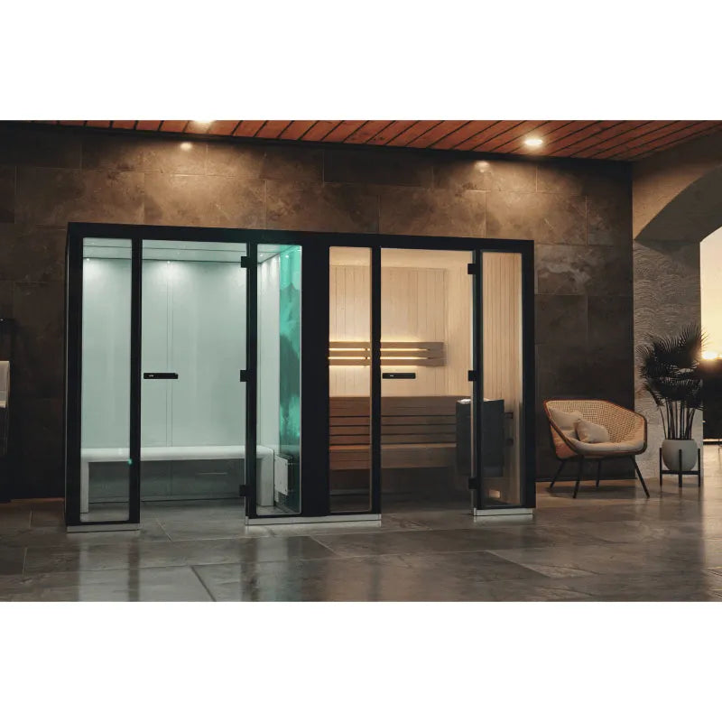 Tylö Panacea Twin Kombination mit integriertem Dampfbad und Sauna mit schwarzem Rahmen in modernem Wellnessraum mit Holzdecke und Designermöbeln
