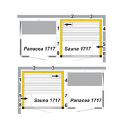 Maßzeichnung Tylö Panacea 1717 und Sauna 1717 mit Grundrissen für Dampfbad und Sauna nebeneinander und übereinander angeordnet