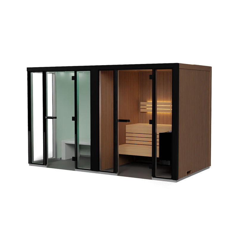 Tylö Panacea Twin Kombikabine mit integrierter Dampfbadzone links und Saunabereich rechts mit Holzbank und LED-Beleuchtung