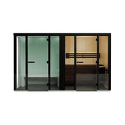 Tylö Panacea Twin Kombination mit Dampfbad und Sauna, schwarzer Rahmen, links grüne Dampfkabine, rechts helle Holzsauna mit Bänken