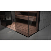 Tylö Reflection Bodenrost WIDE aus hellem Espenholz in moderner Sauna mit Glastür und gemauerten Wänden
