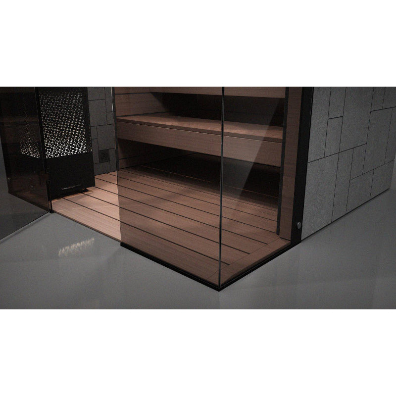 Tylö Reflection Bodenrost WIDE aus hellem Espenholz in moderner Sauna mit Glastür und gemauerten Wänden