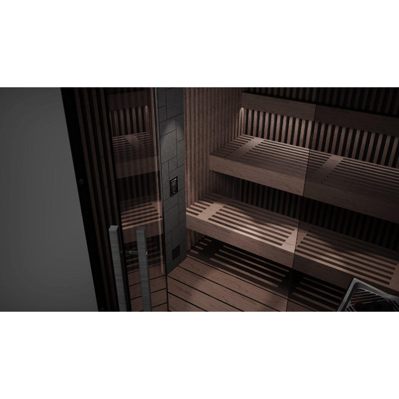 Modernes Saunainnenraum der Tylö Reflection RIB mit Holzbänken aus Erle, vertikalen Lamellen an den Wänden und Glastür auf dunklem Hintergrund.