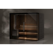Tylö Reflection RIB Saunakabine mit Glastür, Erle-Holz-Interieur, horizontalen Lamellen und integrierter LED-Beleuchtung in dunklem Rahmen