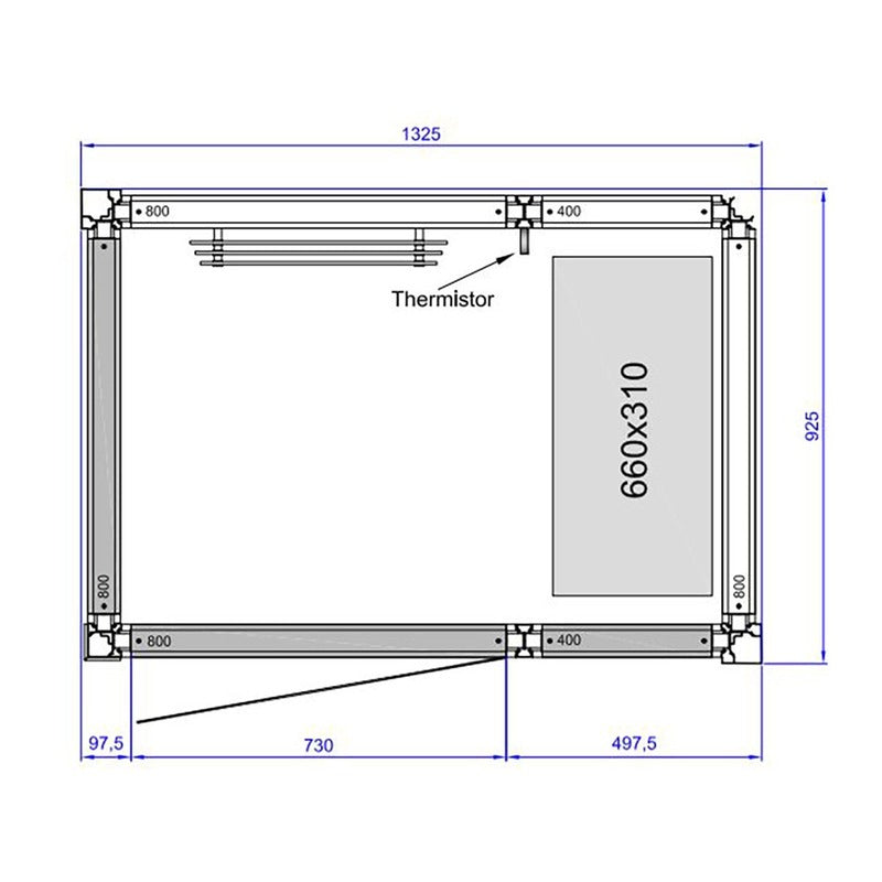 Maßzeichnung Tylö Dampfbad Panacea mit Frontansicht, Thermistor-Heizelement und Abmessungen 1325 x 925 mm, Modellbezeichnung 660x310