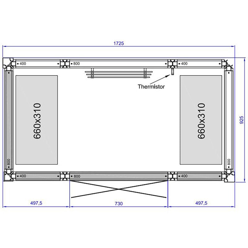 Maßzeichnung Tylö Dampfbad Panacea von oben mit Abmessungen 1725x925 mm, zwei Glaspanelen 660x310 mm und Thermistor-Einbau