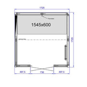 Maßzeichnung Tylö Dampfbad Panacea mit Frontansicht, Abmessungen 1725 x 1725 mm, Glastür 1545 x 600 mm, Thermistor und seitlichem Handtuchheizer