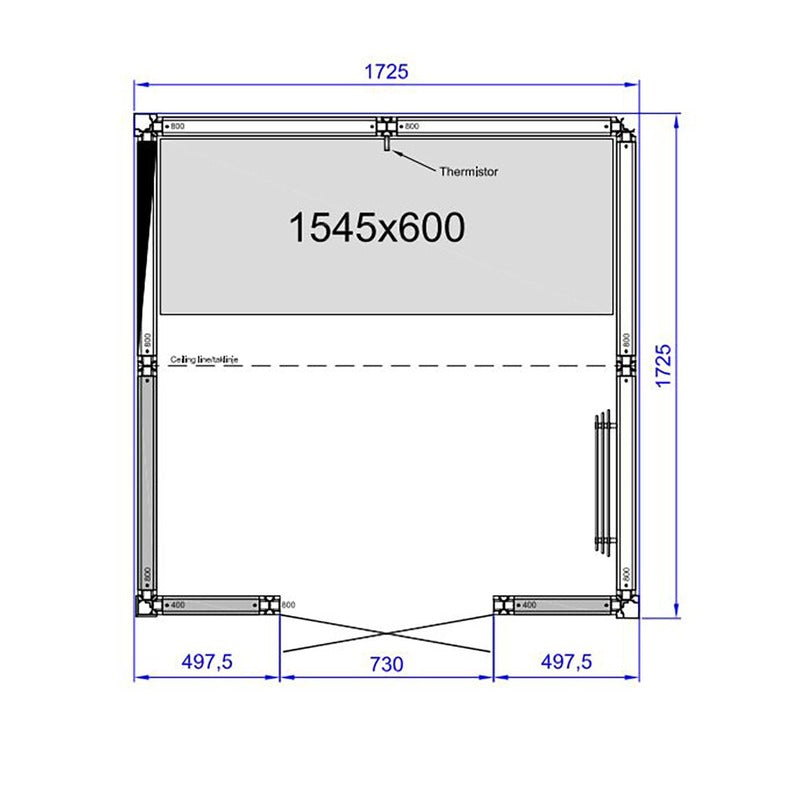 Maßzeichnung Tylö Dampfbad Panacea mit Frontansicht, Abmessungen 1725 x 1725 mm, Glastür 1545 x 600 mm, Thermistor und seitlichem Handtuchheizer