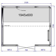 Maßzeichnung Tylö Dampfbad Panacea mit Abmessungen 2125 x 1725 mm, Frontansicht mit Thermistor und Glasfläche 1945 x 600 mm