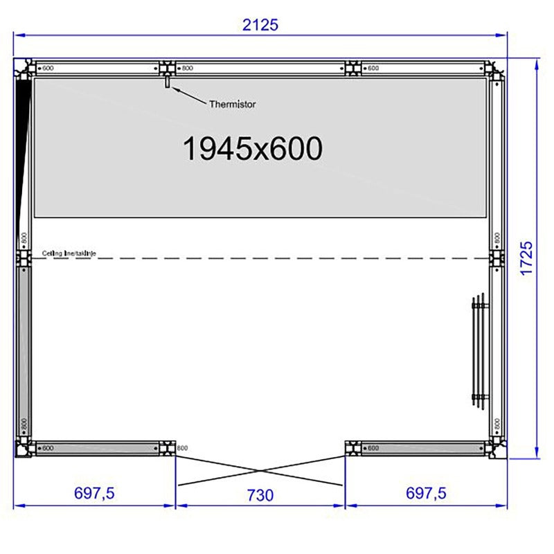 Maßzeichnung Tylö Dampfbad Panacea mit Abmessungen 2125 x 1725 mm, Frontansicht mit Thermistor und Glasfläche 1945 x 600 mm