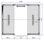 Maßzeichnung des Tylö Dampfbad Panacea, 2125 mm breit und 1725 mm hoch, mit zwei Heizelementen à 1545×600 mm und Thermistor-Position