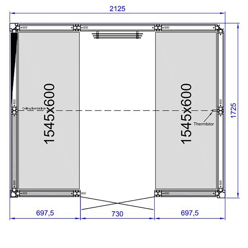 Maßzeichnung des Tylö Dampfbad Panacea, 2125 mm breit und 1725 mm hoch, mit zwei Heizelementen à 1545×600 mm und Thermistor-Position