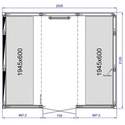 Maßzeichnung Tylö Dampfbad Panacea mit Frontalansicht, zwei verglasten Paneele je 1945x600 mm, Gesamtbreite 2525 mm, Höhe 2125 mm, Thermistor-Anzeige