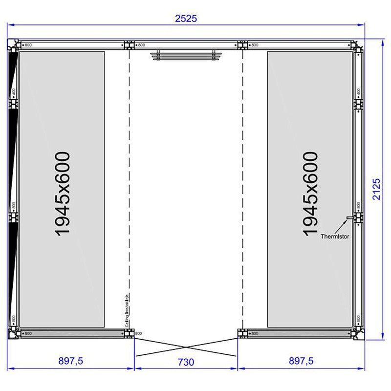Maßzeichnung Tylö Dampfbad Panacea mit Frontalansicht, zwei verglasten Paneele je 1945x600 mm, Gesamtbreite 2525 mm, Höhe 2125 mm, Thermistor-Anzeige