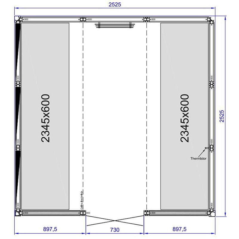 Maßzeichnung Tylö Panacea Dampfbad Frontansicht mit Abmessungen 2525x2525mm, zwei Glaspaneele und mittlerer Thermistorposition
