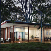 Modernes Wellness-Pavillon mit großen Glasflächen, Holzterrasse und dunklem Dach, umgeben von Bäumen – Tylö Dampfbad Panacea in minimalistischem Design
